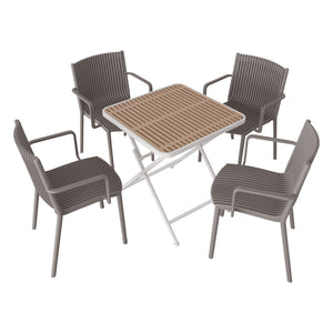 English Elm 4pcs Stackable PP Armchair Set with 55" Modern Long Table – Weatherproof, Ergonomic Outdoor Dining Suite khaki,Warm Grey,White W3450S00029