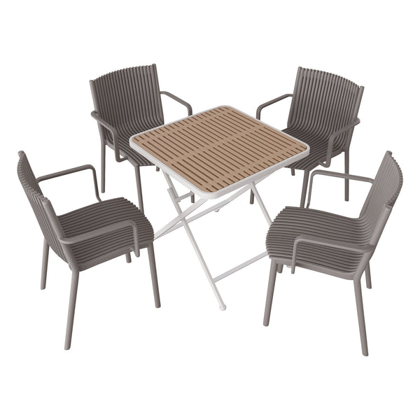 English Elm 4pcs Stackable PP Armchair Set with 55" Modern Long Table – Weatherproof, Ergonomic Outdoor Dining Suite khaki,Warm Grey,White W3450S00029