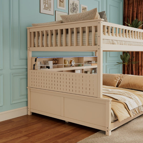 English Elm Full Xl Over Queen Bunk Bed Pinewood Frame with Led Lights Shelving Pegboard Beige LT000279AAA