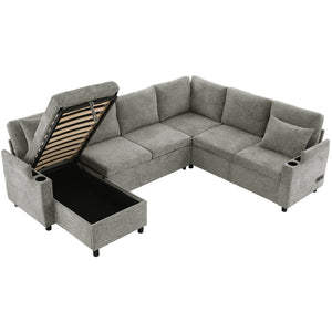 English Elm 109.9" Sectional Sofa Bed U-Shaped Pull-Out Sleeper with Storage Chaise, Cup Holders, USB Ports & Chenille Comfort LIGHT GREY N719S001910R