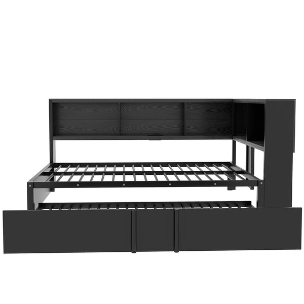English Elm Metal Full Size Daybed with Trundle, Built-In Storage Cabinets & USB Ports for Small Rooms Black DL001523AAB
