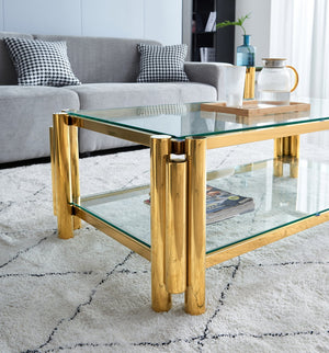 English Elm Modern 2-Piece Coffee Table Set With Gold Stainless Steel & Clear Glass Top For Stylish Living Spaces W2978S00046