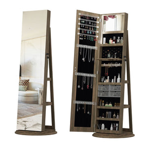 English Elm 360°swivel Jewelry Armoire with Lighted Interior Full Length Mirror Lockable White Antique Brown W3406P411300
