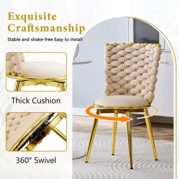 English Elm Set of 2 Velvet Dining Chairs with Braided Rope Backrests and Sculptural Metal Legs Beige W1512P491458