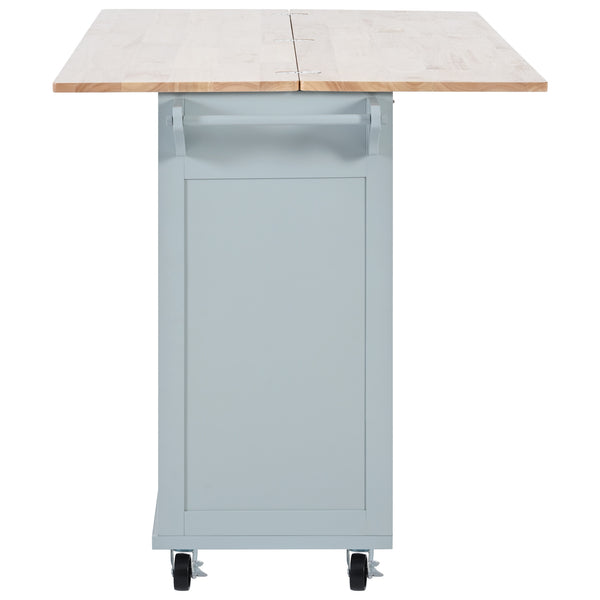 English Elm K&K Kitchen Island with Foldable Countertop, Spacious Mobile Storage Cart, Soft-Close Doors, Durable Rubberwood Top and Locking Wheels Grey-Blue N707P173036G
