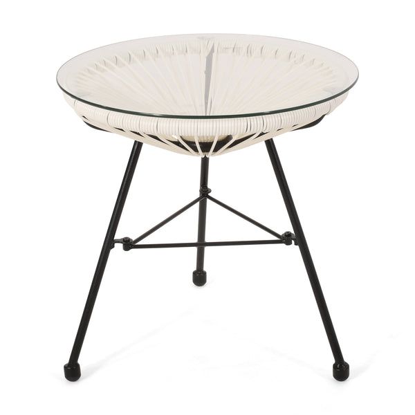 English Elm Christopher Knight Home® - NUSA Side Table with Tempered Glass Top and Handcrafted Rattan Base — Modern Outdoor Accent Table White 66627.00WHI