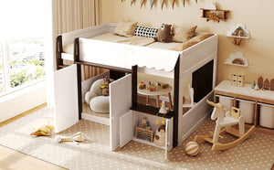 English Elm Twin House Loft Bed with Pull Out Rolling Desk Stair Drawers and Cabinet Storage Espresso+White N820S00074P