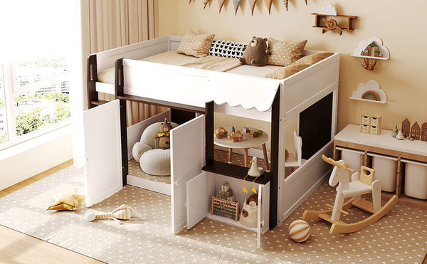 English Elm Twin House Loft Bed with Pull Out Rolling Desk Stair Drawers and Cabinet Storage Espresso+White N820S00074P