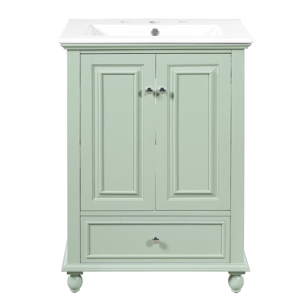 English Elm 24'' French Style Bathroom Vanity with Ceramic Sink Soft Close Cabinet and Drawer Green N710P411227F