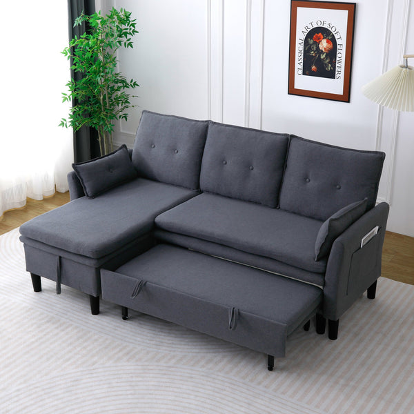 English Elm L-Shaped Reversible Chaise Sectional Sofa with Storage and Fold-Out Bed Cotton-Linen Modern Design DARK GREY W3371S00025