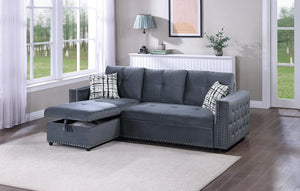 English Elm Gray Velvet Convertible Sectional Sofa with Pull-Out Bed, Reversible Storage Chaise, Tufted Elegance B011S01024