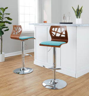 English Elm Adjustable Swivel Barstools Mid-century Modern Teal Fabric Walnut Chrome Set of 2 B202S02181