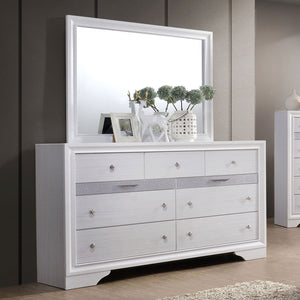 English Elm White Dresser with Mirror Set – Gleaming Silver Accents, Hidden Jewelry Drawer, English Dovetail Craftsmanship B2741S00551