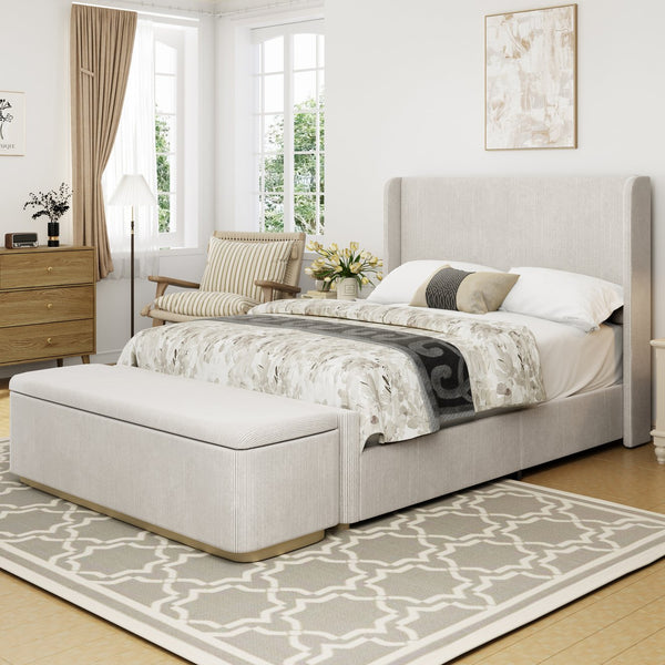 English Elm Queen Corduroy Upholstered Bed with 130L Storage Ottoman, Vertical Stripe Wingback Headboard, Light Grey - Durable Metal Frame and Wooden Slats BS701P201393E