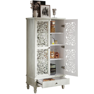 English Elm Rustic Retro Green 55" Tall Storage Cabinet with Carved Doors, Drawer & Solid Wood Legs for Home Decor White Washed W1445P376555