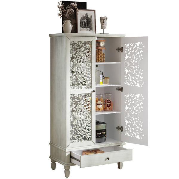 English Elm Rustic Retro Green 55" Tall Storage Cabinet with Carved Doors, Drawer & Solid Wood Legs for Home Decor White Washed W1445P376555