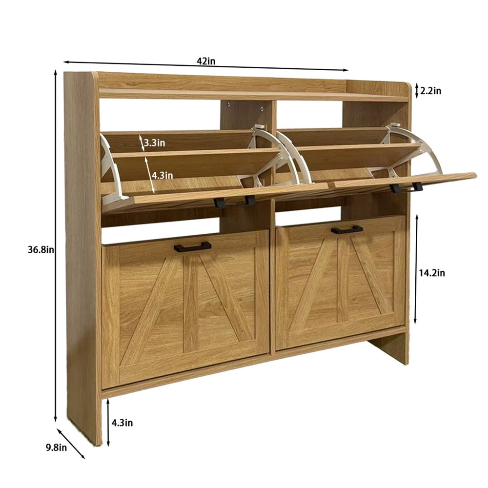 English Elm Light Oak Barn Door Shoe Cabinet Four Tilt Compartments Slim Farmhouse Entryway Storage Light Oak W5590P448054