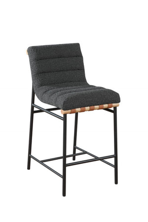 English Elm Liana Boucle Upholstered Counter Stool with Cognac Leather Accents and Iron Legs Dark Gray B2749P413185
