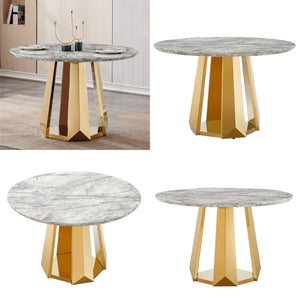 English Elm 47" Round Marble Dining Table - High Gloss Faux Marble Top & Gold Stainless Steel Base For Chic Spaces W3456S00037