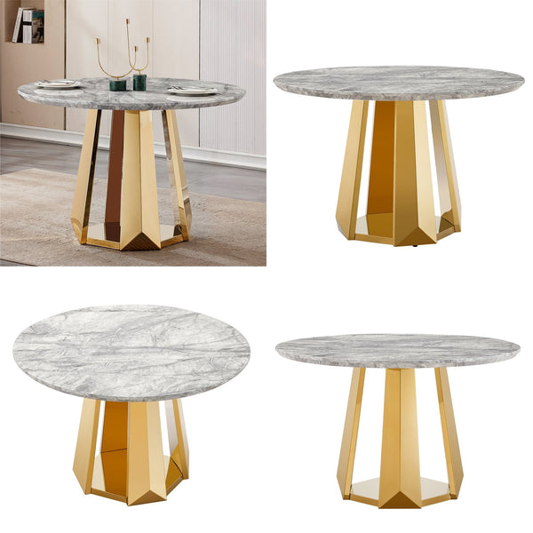 English Elm 47" Round Marble Dining Table - High Gloss Faux Marble Top & Gold Stainless Steel Base For Chic Spaces W3456S00037