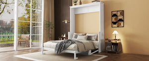 English Elm Queen Murphy Wall Bed with Integrated Desk Gas Strut Lift White Cabinet for Small Spaces White W504S00216
