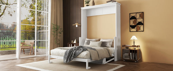 English Elm Queen Murphy Wall Bed with Integrated Desk Gas Strut Lift White Cabinet for Small Spaces White W504S00216