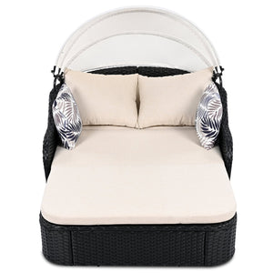 English Elm GO Outdoor Sun Bed with Adjustable Canopy, Durable PE Rattan Double Lounger, Zippered Cushions and Pillows for Easy Care and 500lb Capacity Beige+Black FG201223AAK