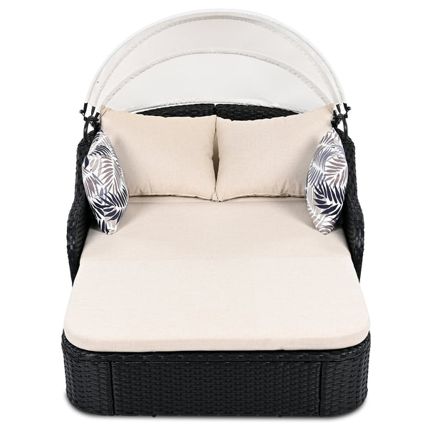 English Elm GO Outdoor Sun Bed with Adjustable Canopy, Durable PE Rattan Double Lounger, Zippered Cushions and Pillows for Easy Care and 500lb Capacity Beige+Black FG201223AAK