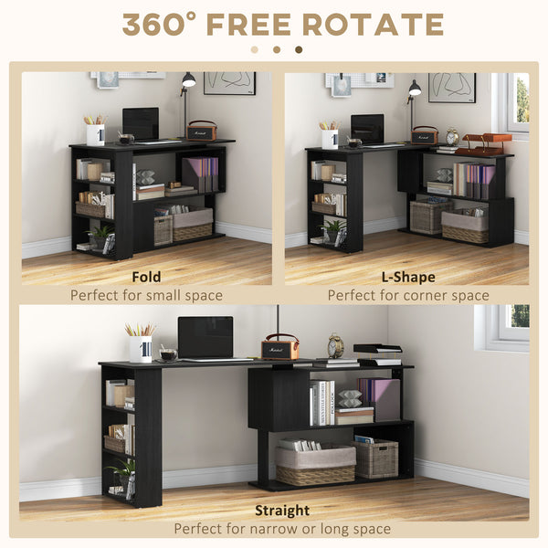 English Elm HOMCOM L Shaped Corner Desk with 360° Rotating Shelves, Space-Saving Workstation, Sturdy Black W2225P173999