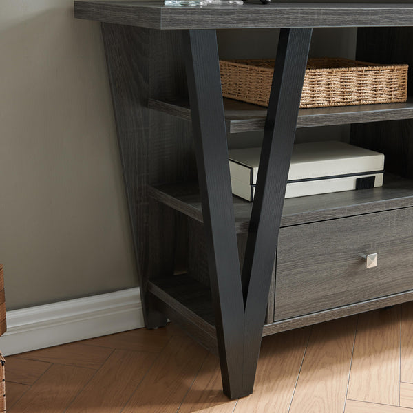 English Elm Tall TV Stand Two-Tone Grey & Black with Two Drawers, Divided Shelves, Metal Bar Handles, Stable Top B107P302101