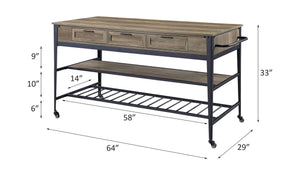 English Elm Macaria Rustic Oak Kitchen Island with Black Metal Base, 3 Drawers, 2-Tier Shelves & Wheels B2726P292333