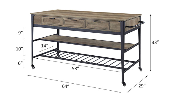 English Elm Macaria Rustic Oak Kitchen Island with Black Metal Base, 3 Drawers, 2-Tier Shelves & Wheels B2726P292333