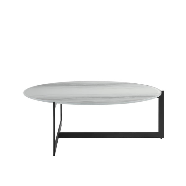 English Elm Krike Industrial Round Coffee Table Tempered Glass Top Steel Cross Leg Living Room Multicolor B2736S00026