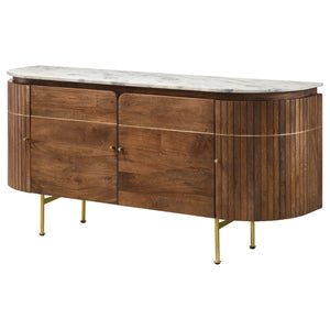 English Elm Feast Natural 4-door Sideboard Buffet Cabinet with White Marble Top, Mango Wood, Brass Inlay, 63" B062P342730