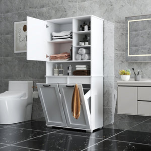 English Elm Laundry Cabinet with Tilt-Out Hampers, Adjustable Shelves, Freestanding White Storage Organizer W331S00168