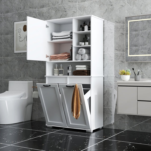 English Elm Laundry Cabinet with Tilt-Out Hampers, Adjustable Shelves, Freestanding White Storage Organizer W331S00168