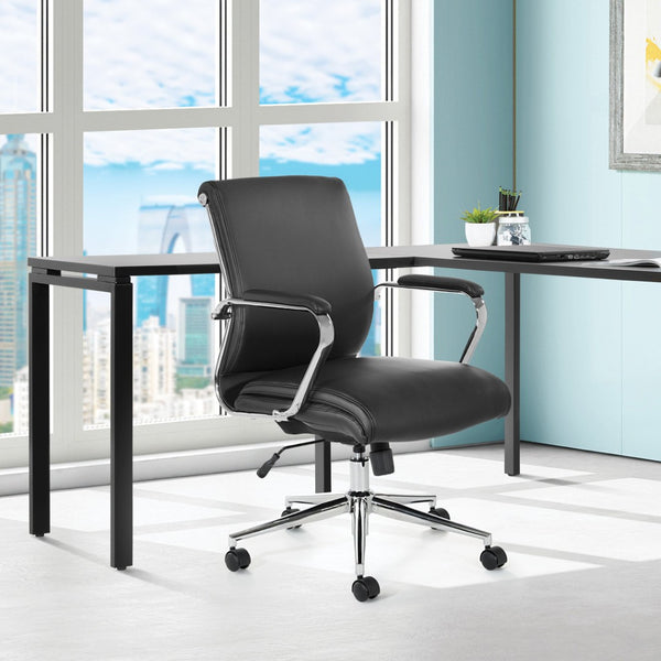 OSP Home Furnishings Mid Back Ergonomic Office Chair with Antimicrobial Fabric Chrome Arms and Lumbar Support Black 920351C-R107