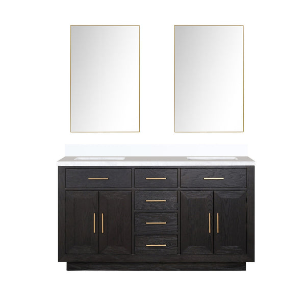English Elm Black Oak Double Bath Vanity 60" W X 22" D With Elegant White Quartz Top & 2 Stylish Mirrors Included B2731S02138