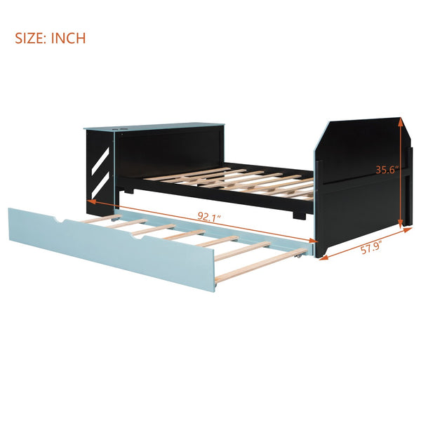 English Elm Full Size Wood Daybed with Twin Trundle Desk and Usb Charging for Teen Rooms Blue LT000262AAC