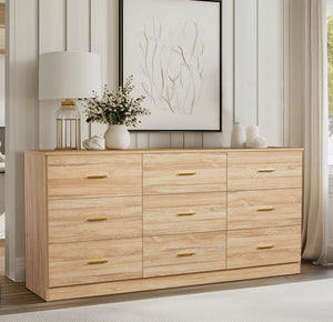 English Elm Modern 9-Drawer Dresser Classic 3-Column — Spacious, Waterproof Engineered Wood Chest, Sleek Finish and Durable Construction for Organized Bedrooms W1785P324458