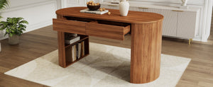 English Elm Storage Writing Desk with Curved Base Open Shelves and Drawers for Home Office Dark Walnut N757P306285D