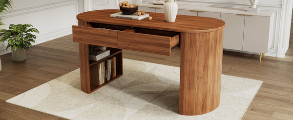 English Elm Storage Writing Desk with Curved Base Open Shelves and Drawers for Home Office Dark Walnut N757P306285D