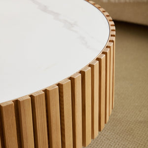 English Elm 35.43'' Modern Nesting Round Sintered Stone Tabletop — Compact Pedestal Coffee Table for Apartments Oak W876P262208