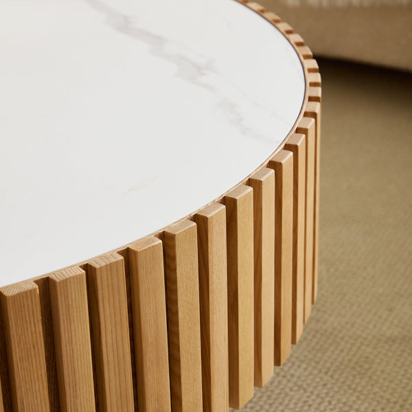 English Elm 35.43'' Modern Nesting Round Sintered Stone Tabletop — Compact Pedestal Coffee Table for Apartments Oak W876P262208