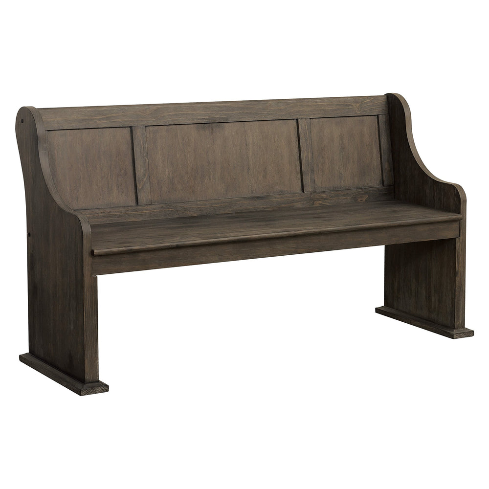 English Elm Dark Oak Distressed 62" Dining Bench with Curved Arms and Wooden Backrest, Church-Pew Style Seat B011P363841
