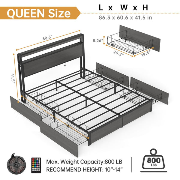 English Elm Queen Metal Platform Bed with Rgb Led Headboard Charging Station and Underbed Storage T3963P483012