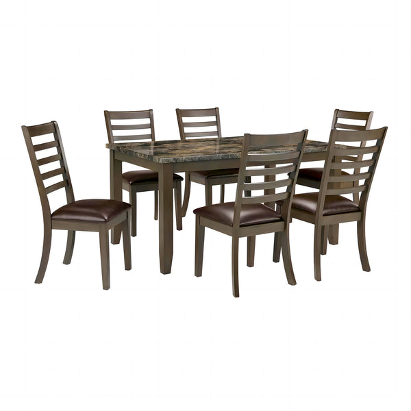 English Elm Simple Classic 7pc Dining Set with Faux Marble Top and Leatherette Chairs for Stylish Gatherings Brown 64 L x 40 W x 15 H B2741P348913
