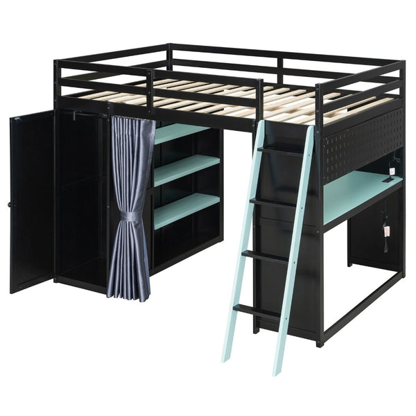 English Elm Full Size Wood Loft Bed with Wardrobe Desk Shelves Rgb Lighting and Blackout Curtains Black+Blue LT000269AAC-1