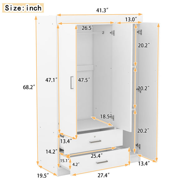 English Elm 3-door Wardrobe with Full Length Mirror Lockable Drawer and Bedroom Shelf Storage White LP006601AAK