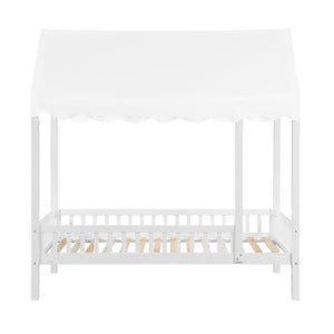 English Elm Gray Finish Canopy Platform Bed Scalloped Fabric Cover Solid Wood Twin Frame White B011P463889